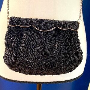Vintage La Royale Heavily Beaded Black Cocktail Bag-Clutch with Removable Chain